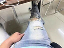 衣然呈品牛仔褲男春夏季港風(fēng)修身直筒高街破洞痞帥休閑寬松潮牌長褲子男 藍(lán)色 L【建議115-130斤】 曬單實(shí)拍圖