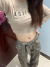FSHE緊身純欲顯瘦辣妹字母印花長(cháng)袖T恤女秋季露腰打底衫短款露臍上衣 卡其色 L 建議90-110斤 曬單實(shí)拍圖
