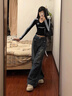 LDBE美式辣妹三條杠V領(lǐng)短款收腰緊身長袖t恤女秋冬內(nèi)搭打底衫上衣ins 黑色 L 曬單實拍圖