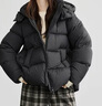 紅袖蓬松保暖羽絨服冬季2024新款女裝落肩雙拉鏈立領(lǐng)連帽面包短外套 黑050 S 曬單實拍圖
