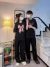love(兩件裝)情侶裝夏天t恤短袖套裝2022新款潮流蝴蝶結純棉男女同款百搭寬松半袖上衣 (蝴蝶結)黑色+黑色 男M+女S 曬單實(shí)拍圖