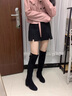 CamalgOri秋冬磨砂皮女靴長款長筒靴真皮粗跟長靴女冬季新款圓頭高跟長靴女 黑色絨里 37 曬單實拍圖