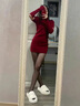 桃伊悠（taoyiyou）紅色性感連衣裙女秋冬季新款顯瘦穿搭純欲泡泡袖打底辣妹包臀裙子 酒紅色 M 曬單實(shí)拍圖