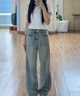 嬌茹妮 淺色高腰牛仔褲女春秋新款寬松顯瘦拖地褲設計小眾闊腿直筒褲子 淺藍色 S 曬單實(shí)拍圖