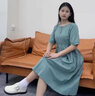 皮爾卡丹（pierre cardin）氣質(zhì)連衣裙2025年新款夏季女中長(cháng)款收腰顯瘦遮肚a字短袖色裙子 豆綠色 L 建議102-116斤 曬單實(shí)拍圖