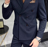 羅蒙（ROMON）高檔雙排扣條紋西服套裝男新郎結(jié)婚禮服商務(wù)修身西服上班面試正裝 藏青【西服+西褲+馬甲】 7XL 曬單實拍圖