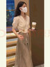 春麗珠新款連衣裙女裝2024夏季韓版氣質(zhì)顯瘦短袖法式小個(gè)子套裝裙子夏天 杏色上衣+咖色裙子 M(建議100-110斤) 曬單實(shí)拍圖