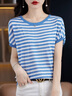恒源祥真絲桑蠶絲短袖t恤女夏季新款條紋圓領(lǐng)寬松上衣蝙蝠衫短款 藍白 母親節禮物 L (110-120斤) 母親節禮物 曬單實(shí)拍圖