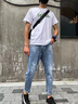 益帛冰絲牛仔褲男士夏季新款韓版淺色破洞彈力修身小腳直筒九分褲子男 淺藍(lán)色 30【建議110斤-120斤】 曬單實(shí)拍圖