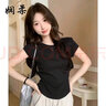 嫻柔不規則正肩短袖t恤女夏設計感弧形下擺抽褶辣妹緊身短款女裝上衣 黑色【褶皺款】 卡碼拍大 L 【100-110斤】 曬單實(shí)拍圖