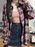 莜仙格粉色格子襯衫外套女2025春秋新款美式街頭寬松休閑外搭襯衣外套女 粉色款 S 建議75-100斤 曬單實(shí)拍圖