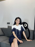 ELLE ACTIVE線條感撞色拼接連帽連衣裙夏季時(shí)尚顯瘦休閑活力運(yùn)動(dòng)風(fēng)連衣裙 藏青色 S 曬單實(shí)拍圖