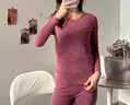麒麟羊冬羽毛蛋白保暖內(nèi)衣套裝加厚秋衣秋褲男女圓領(lǐng)桑蠶絲填充情侶毛衫 豆紅-女加厚貼片 M 曬單實(shí)拍圖