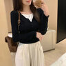 LDBE高級感v領假兩件長袖t恤女秋冬打底衫內搭修身顯瘦正肩甜辣上衣服 黑色 XL 曬單實拍圖