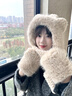 溪谷幽幽2024新款毛絨帽子圍巾一體三件套女冬季騎行保暖護耳小熊連帽圍脖 米色【圓耳款 大帽檐 毛毛手套】 帽圍54~60cm 曬單實(shí)拍圖