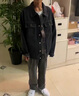 gxmy【三件套】牛仔夾克外套男士套裝秋季衣服男裝潮流寬松一套穿搭配 腰果黑外套+白T+灰牛仔 XL 曬單實(shí)拍圖