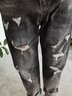 英爵紳 黑灰色水洗刮爛乞丐褲破洞牛仔褲男九分褲韓版潮流修身直筒9分褲 黑色 32 曬單實(shí)拍圖
