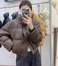 浪莎小香風羽絨棉服2024冬季新款pu皮短款外套高腰寬松棉襖小個子棉衣 咖啡色 L:建議110-125斤 曬單實拍圖