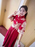 塞德勒（SAIDELE）敬酒服新娘旗袍酒紅色答謝宴結婚禮服女中式長(cháng)款平時(shí)可穿顯瘦 酒紅色長(cháng)款 M  曬單實(shí)拍圖