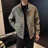 外套男士春秋新款休閑時(shí)尚短款立領(lǐng)夾克衫復(fù)古工裝服潮牌上衣服 軍綠色 L 曬單實(shí)拍圖