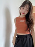 槿城歐美辣妹風(fēng)復(fù)古字母刺繡無袖背心女夏季修身短款露臍工字打底上衣 單件裝 咖色 M 【85-95斤】 曬單實拍圖