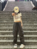 Jret美式復古嘻哈hiphop直筒束腳工裝褲女高腰顯瘦多口袋運動(dòng)休閑褲子 灰色[夏季] 薄款 M 曬單實(shí)拍圖