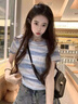 LDBE漸變條紋正肩短袖t恤女夏季美式復古2026新款設計感小眾短款上衣 藍色 S 曬單實(shí)拍圖