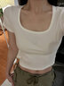 簡(jiǎn)云莫代爾棉短袖t恤女薄款方領(lǐng)露臍上衣緊身短款內搭打底衫性感夏季 淺杏 S 【建議80-95斤】 曬單實(shí)拍圖