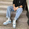 衣然呈品復(fù)古卷邊牛仔褲男春秋新款港風(fēng)潮流寬松百搭直筒休閑九分褲子男褲 藍(lán)色 L【建議110-130斤】 曬單實(shí)拍圖
