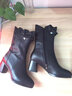 玖辛粗跟中筒靴秋冬新款圓頭中跟頭層牛皮單靴花邊蝴蝶結保暖女靴子短筒靴可做大小碼 黑色（絨里） 36 曬單實(shí)拍圖