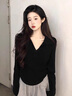 PMOG純欲風(fēng)早秋上衣長(cháng)袖t恤女甜辣設計感小眾超顯瘦短款內搭打底衫ins 黑色-6691 M 曬單實(shí)拍圖