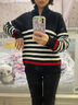 Navigare意大利小帆船女士長(cháng)袖針織衫秋冬款舒適半開(kāi)領(lǐng)上衣翻領(lǐng)條紋毛衣女 暗夜黑/白 M 碼 曬單實(shí)拍圖