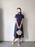 原形法式連衣裙女設計感2024春夏新款韓版寬松氣質(zhì)大擺中長(cháng)款裙子 藏青色 M 曬單實(shí)拍圖