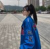 安初夏美式復古刺繡貼布賽車(chē)服春秋新款街頭嘻哈情侶機車(chē)服夾克外套男女 藍色 2XL 曬單實(shí)拍圖