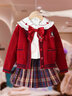 G.DUCKKIDS小黃鴨女童Jk學(xué)院風(fēng)套裝春秋新款兒童裝針織開(kāi)衫百褶裙襯衫三件套 紅色三件套 130 曬單實(shí)拍圖