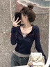 法式假兩件連帽打底衫長(zhǎng)袖t恤女春秋2025新款小個(gè)子內(nèi)搭短款上衣 藏青色 M 曬單實(shí)拍圖