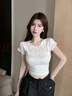 格宛瑪短袖女修身白色t恤女2025夏季女裝新款顯瘦短款打底衫上衣高級感 白色蝴蝶結刺繡短袖 L 曬單實(shí)拍圖