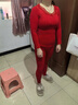 莫代爾秋衣秋褲女士美體修身V領(lǐng)緊身打底線(xiàn)衣線(xiàn)褲薄款恒溫保暖內衣套裝 AA22大紅色 均碼 【適合體重80-150斤】 曬單實(shí)拍圖