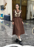 香影v領(lǐng)收腰連衣裙女2025秋冬新款針織拼接條紋簡(jiǎn)單大方長(cháng)袖裙子 咖啡 S 曬單實(shí)拍圖