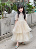 小咔衣濃女童主持人演出服花童婚紗小女孩生日兒童鋼琴演奏公主裙高端夏季 香檳色T3904長款 130 曬單實拍圖