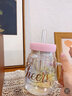 啟諾高硼硅吸管玻璃杯女生帶蓋茶水分離耐高溫家用帶把手水杯子大容量 炫彩粉790ml+貼紙+3D立體貼 曬單實(shí)拍圖