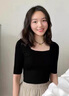 別語(yǔ)黑色中袖t恤女早秋方領(lǐng)五分袖緊身打底內(nèi)搭正肩修身上衣半袖 黑色 L 曬單實(shí)拍圖