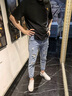 NASA RHUDE夏天破洞直筒牛仔褲男士九分男夏季時(shí)尚修身牛仔褲休閑小腳褲子男 819藍(lán)灰 31 (建議體重125-135斤) 曬單實(shí)拍圖