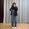 俞兆林（YUZHAOLIN）高腰直筒牛仔褲女2025春秋新款女裝寬松時(shí)尚潮流闊腿顯瘦薄款褲子 懷舊藍(九分) S 曬單實(shí)拍圖