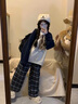 LPOX藍(lán)色格子褲女秋冬加絨寬松垂感顯瘦休閑褲女百搭復(fù)古直筒闊腿拖地 藍(lán)色格子長褲 S 曬單實(shí)拍圖