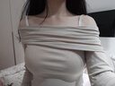 妙奕嘉一字肩上衣露肩純欲打底衫女針織衫春季女裝修身洋氣款可外穿內(nèi)搭 一字肩辣妹性感針織上衣【杏色】 S 【建議80-100斤】 曬單實(shí)拍圖