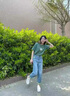 LPOX牛仔褲女梨形身材夏秋季褲子女mm寬松顯瘦百搭高腰哈倫老爹褲 果綠撞色水洗藍(lán) 3XL 建議151~165斤 曬單實(shí)拍圖