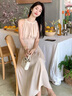 艾珠兒（Aizhuer）法式無袖掛脖式連衣裙女2023新款夏裝顯瘦小個子A字中長裙子夏天 杏色 M 曬單實拍圖