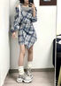 瑜尚臻品格子襯衫連衣裙早秋套裝背心假兩件拼接長(cháng)袖韓系小個(gè)子穿搭短裙 【藍色】M（95-110斤） 曬單實(shí)拍圖