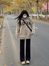 真維斯（JEANSWEST）垂感雪尼爾闊腿褲女秋冬季女褲2025新款女士直筒休閑加絨保暖長(cháng)褲 加絨 黑色 純色 XL 曬單實(shí)拍圖